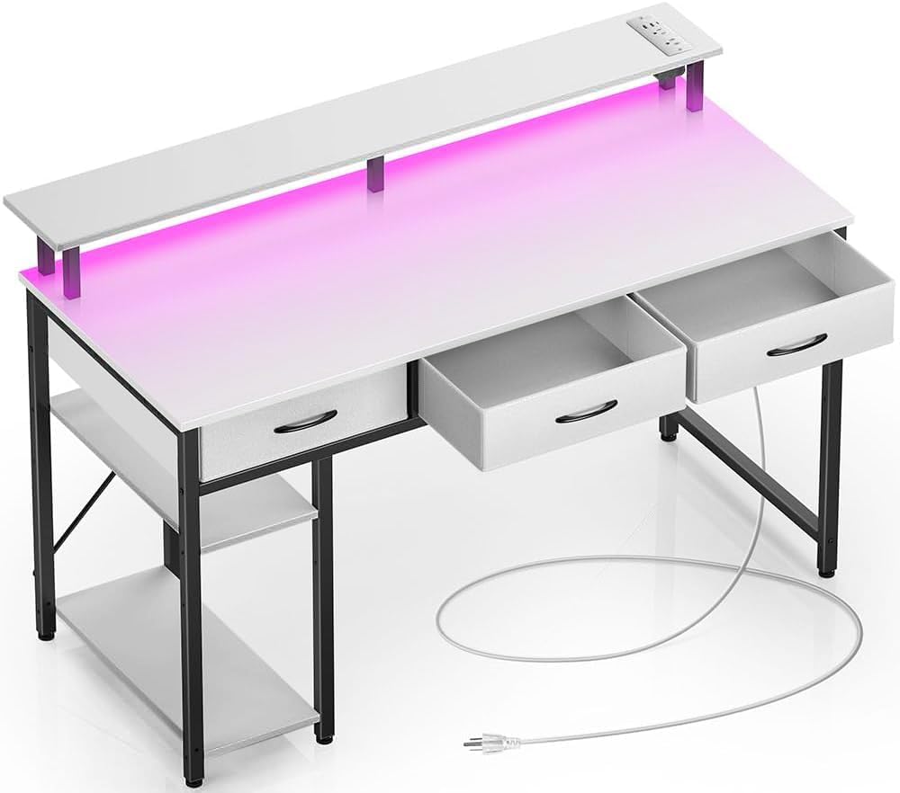 Rolanstar Computer Desk with Power Outlets  LED Light, 47 inch Home Office Desk with Drawers and Storage Shelves, Writing Desk with Monitor Stand, Modern Work Study Desk for Home Office, White