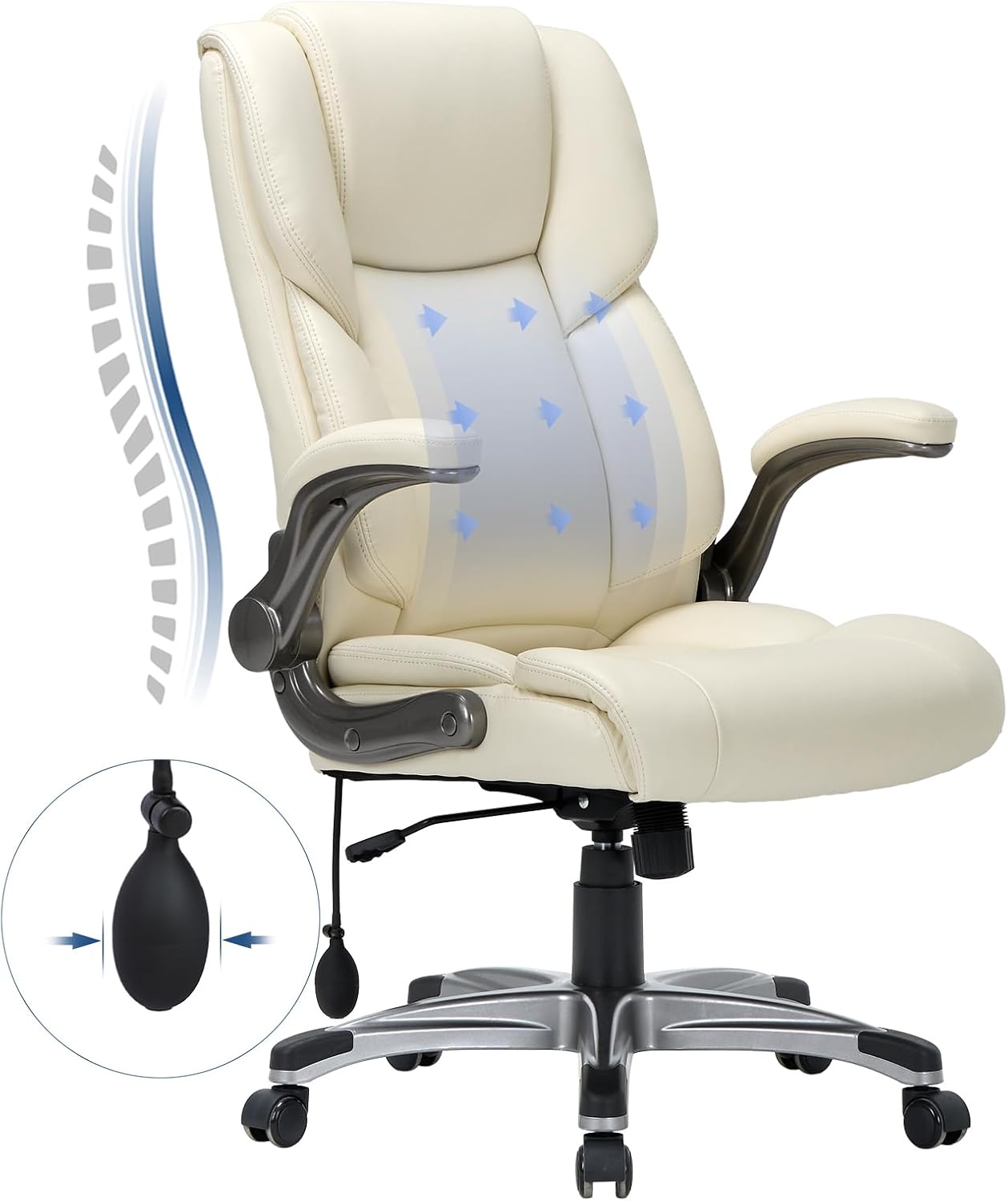 COLAMY High Back Executive Office Chair - Padded Leather Ergonomic Computer Desk Chair with Inflatable Lumbar Support  Flip-Up Arms, Adjustable Tilt Lock Swivel Task Chair for Home Office, Black