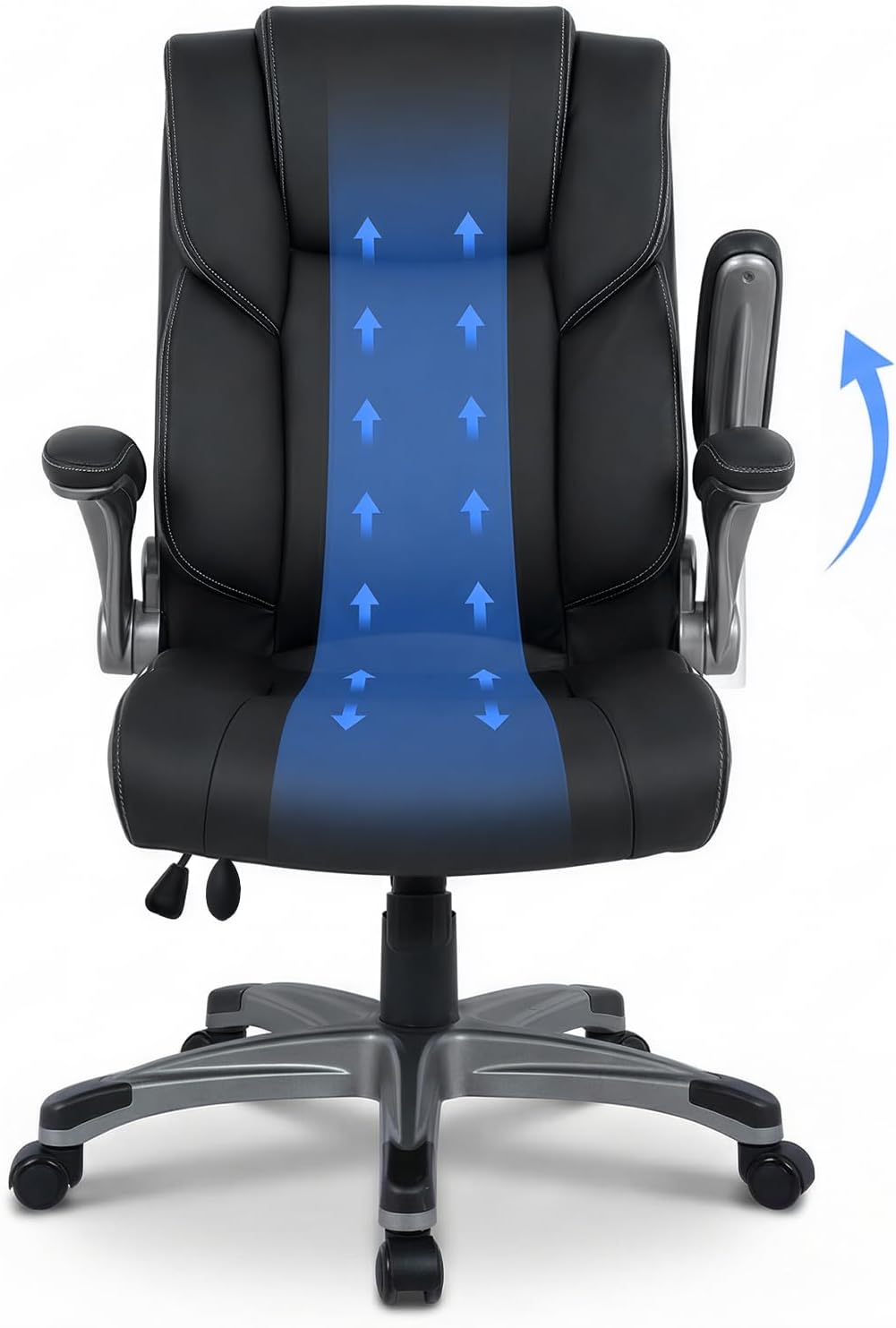 COLAMY High Back Executive Office Chair - Padded Leather Ergonomic Computer Desk Chair with Inflatable Lumbar Support  Flip-Up Arms, Adjustable Tilt Lock Swivel Task Chair for Home Office, Black