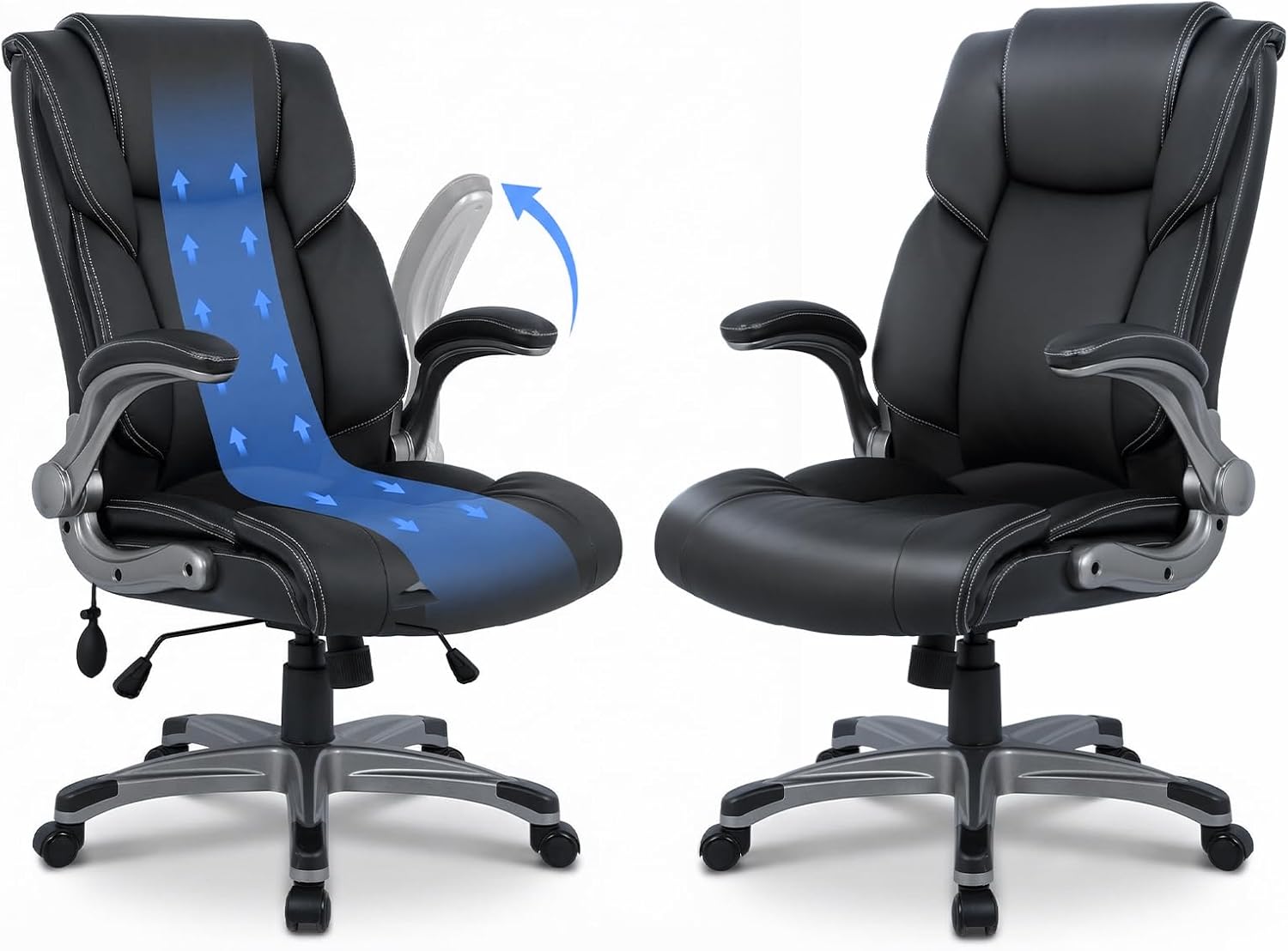 COLAMY High Back Executive Office Chair - Padded Leather Ergonomic Computer Desk Chair with Inflatable Lumbar Support  Flip-Up Arms, Adjustable Tilt Lock Swivel Task Chair for Home Office, Black