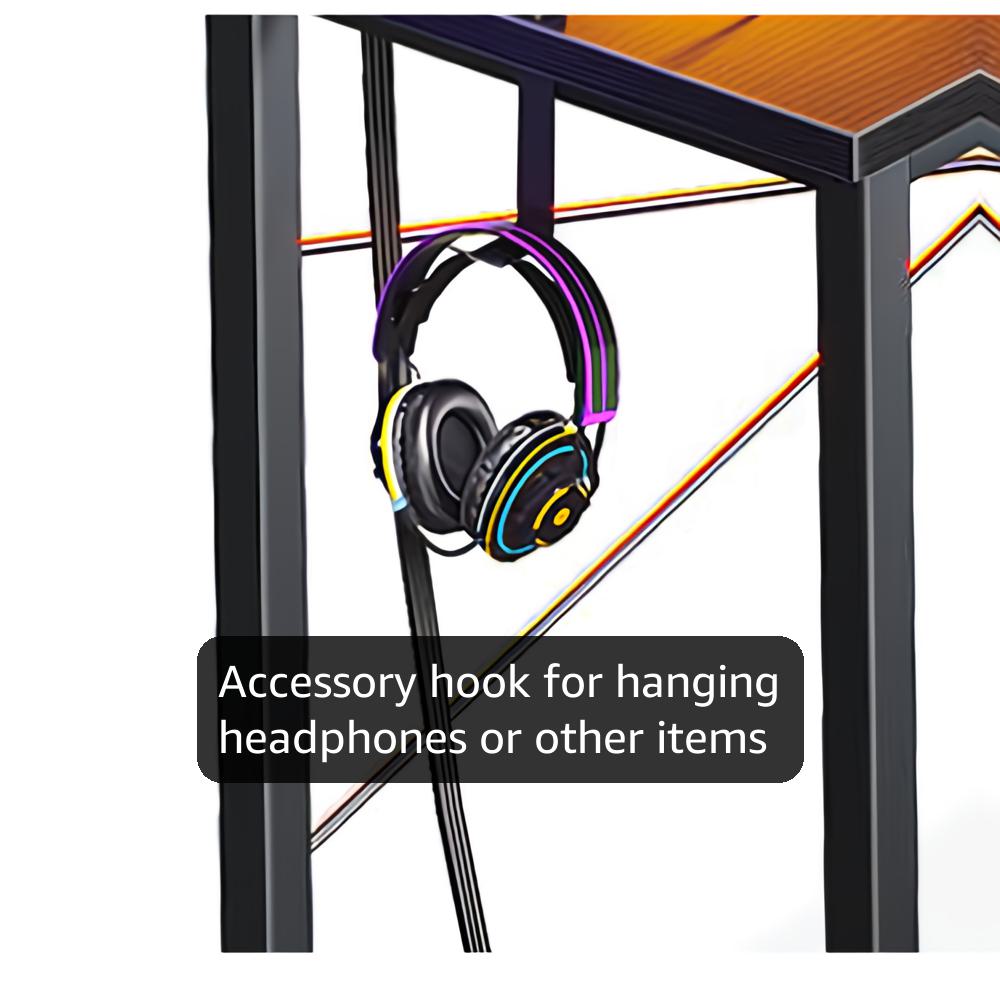 ODK 53 Inch L Shaped Gaming Desk with LED Lighting, Reversible Desk with Power Outlets, Cornor Computer Table with Storage Shelves  Bag  Iron Hook, Home Office Table for Writing, Study, Black
