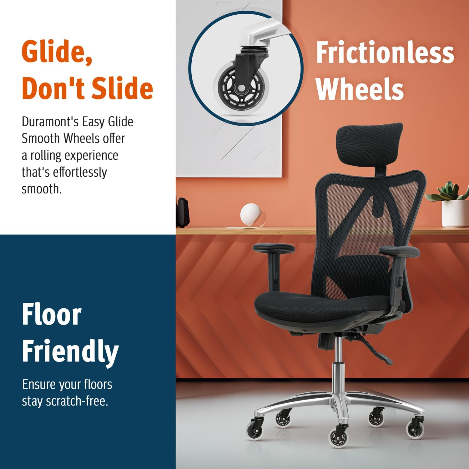 Duramont Ergonomic Office Chair with Rollerblade Wheels - High Back Breathable Mesh Desk Chair, 4D Lumbar Support, Memory Foam Seat, Adjustable Headrest and Armrests, Reclines, Black