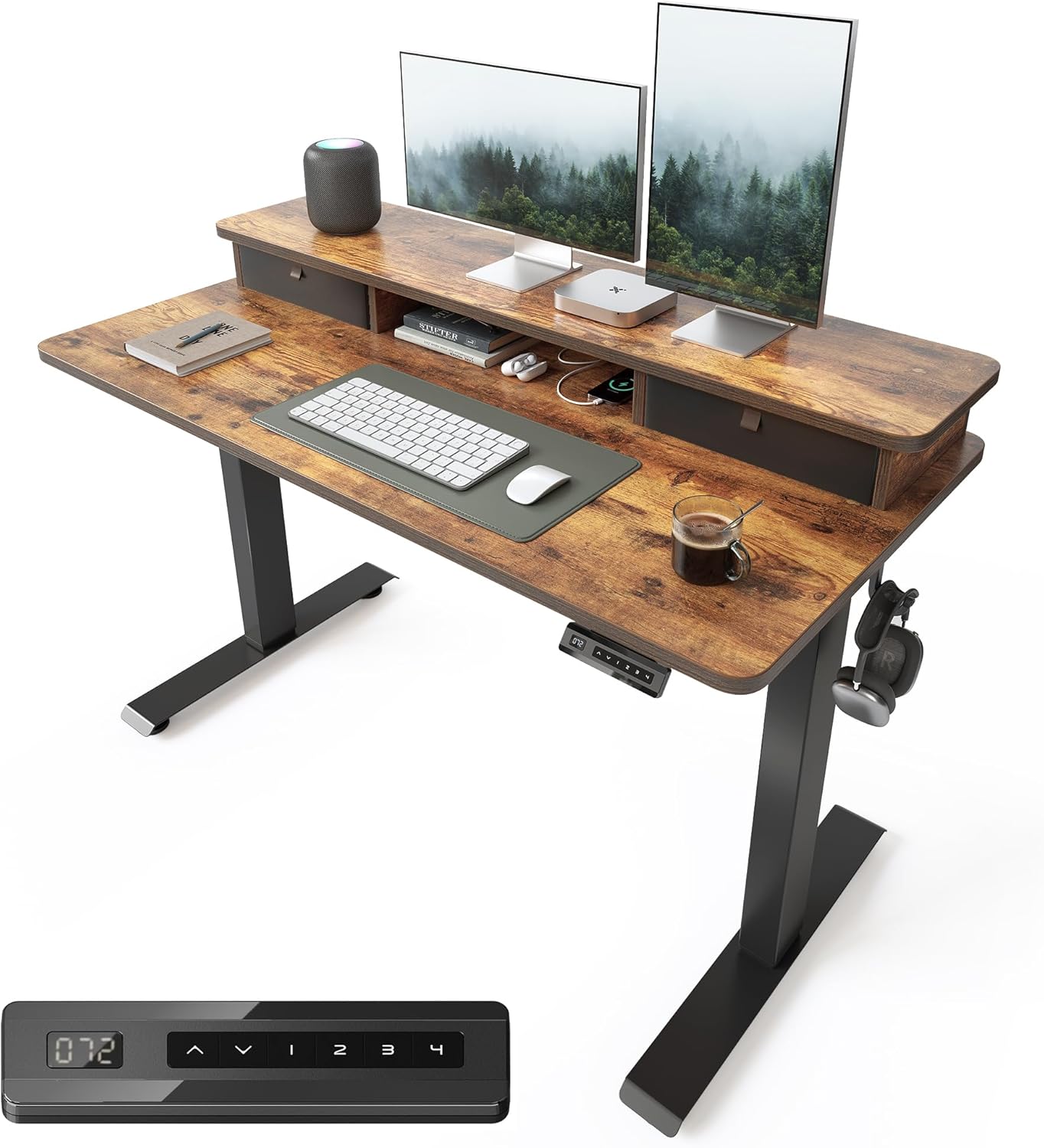 FEZIBO 48 x 24 Inch Height Adjustable Electric Standing Desk with Double Drawer, Stand Up Table with Storage Shelf, Sit Stand Desk, Rustic Brown