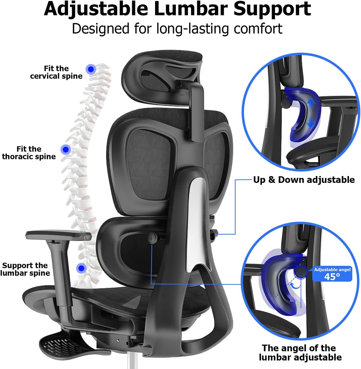 PatioMage Ergonomic Office Chair, Big and Tall Desk Chair with Adjustable Lumbar Support  Seat Depth, High Back Computer Chair, Swivel Mesh Chairs with Wheels for Home Office, Black