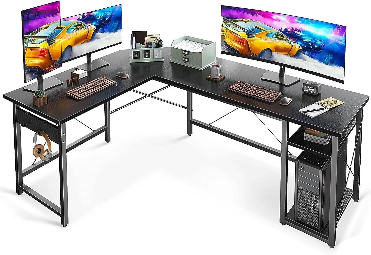 Coleshome L Shaped Computer Desk 59 with Storage Shelves, Corner Gaming Desk, Sturdy Writing Workstation, Modern Wooden Office Wood  Metal, White