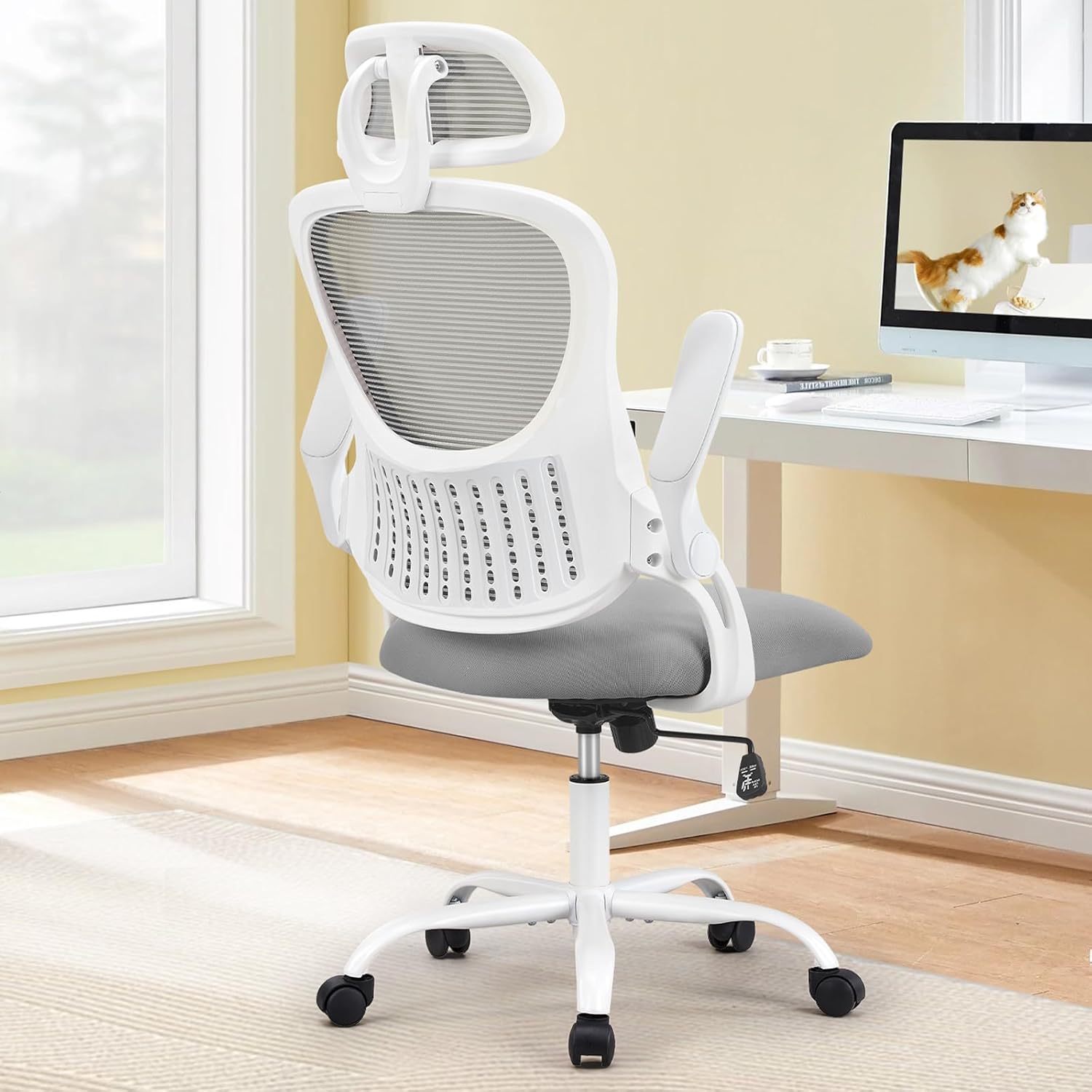 Sweetcrispy Office Computer Desk Chair, Ergonomic High-Back Mesh Rolling Work Chairs with Wheels and Adjustable Headrests, Comfortable Lumbar Support, Comfy Flip-up Arms for Home, Bedroom, Study,Black