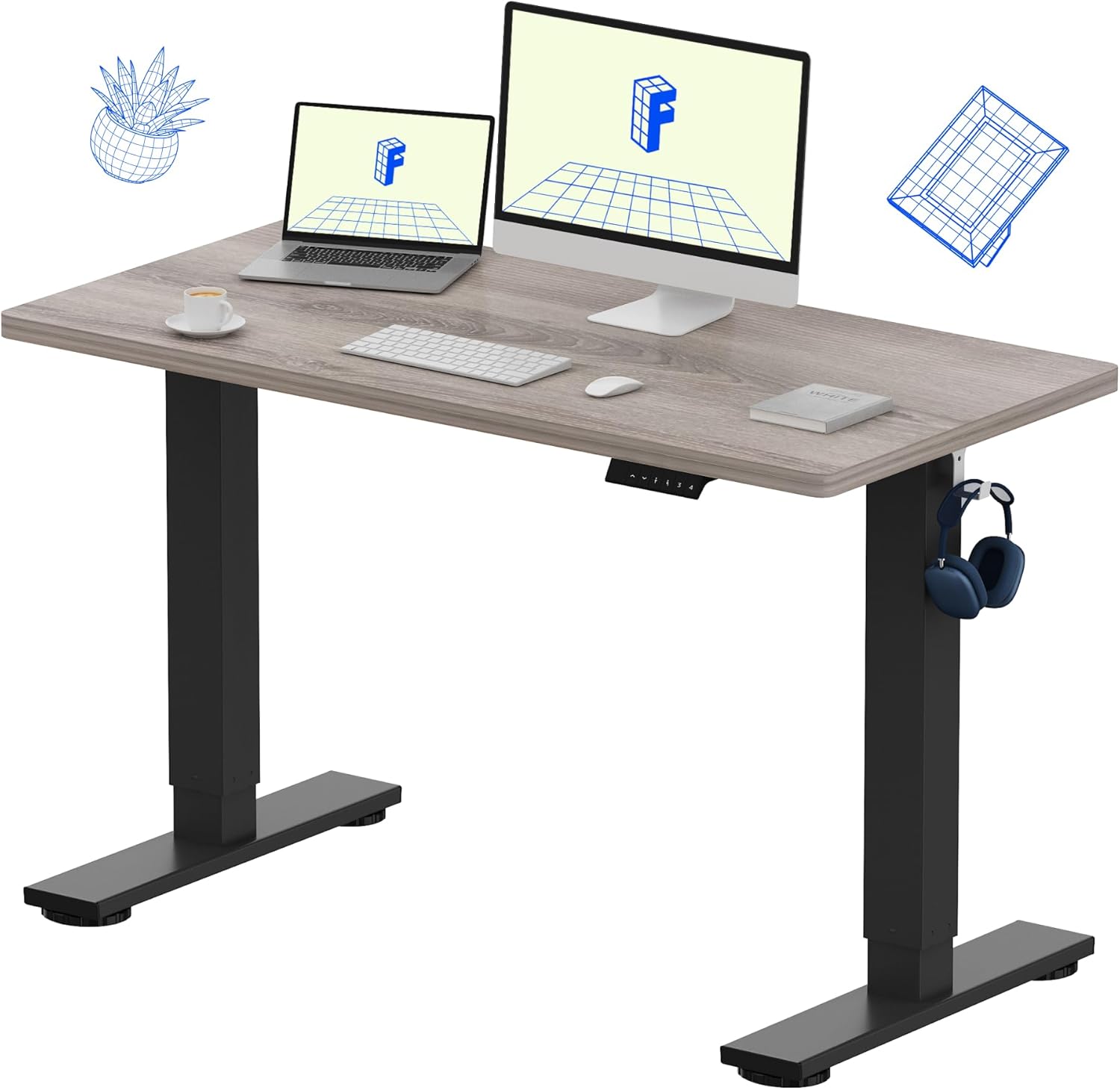 FLEXISPOT EN1 One-Piece Standing Desk with 1-Inch Thick Desktop, 55x28 Electric Height Adjustable Desk for Home Office  Multi-Device Workstations, Black