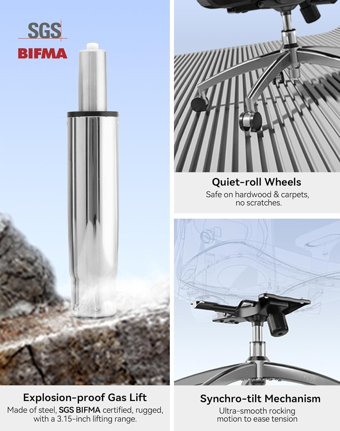 Detalles de construcción Sihoo M18: pistón de gas de alta seguridad, ruedas silenciosas y mecanismo de inclinación sincronizada