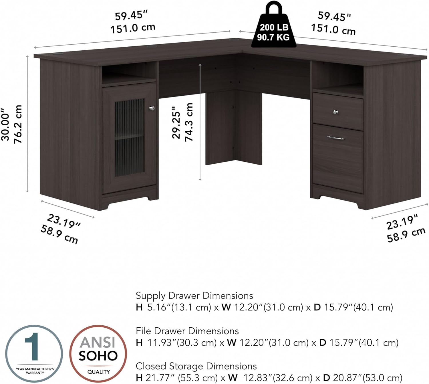 Bush Home Cabot 60W L Shaped Computer Desk with Storage in Heather Gray, 60-inch Corner Table with Drawers for Home Office Workspace Bush Home Cabot 60W L Shaped Computer Desk with Storage in Heather Gray, 60-inch Corner Table with Drawers for Home Office Workspace