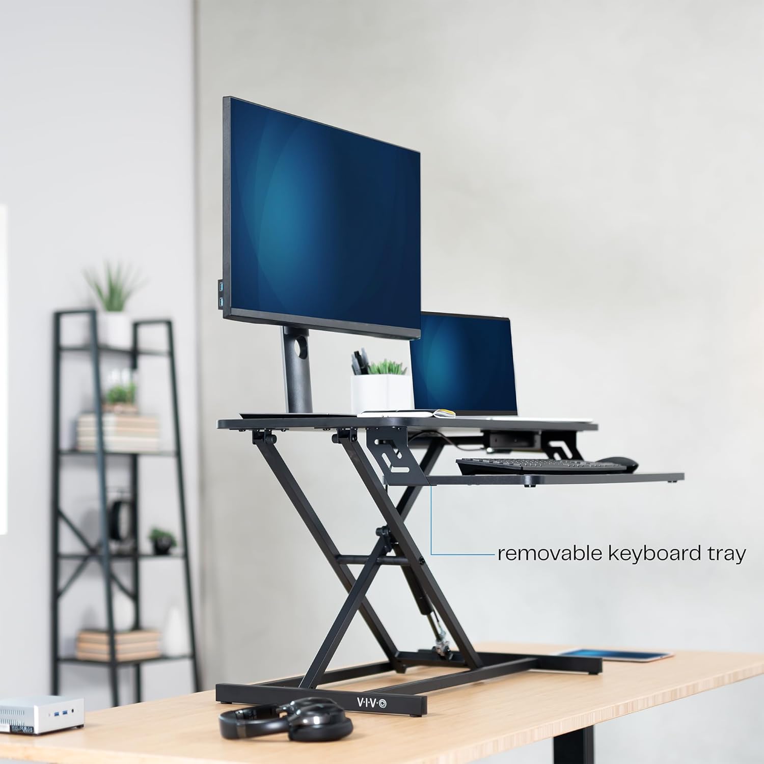 VIVO Height Adjustable 32 inch Stand Up Desk Converter, Quick Sit to Stand Tabletop Dual Monitor Riser Workstation, Black, DESK-V000S