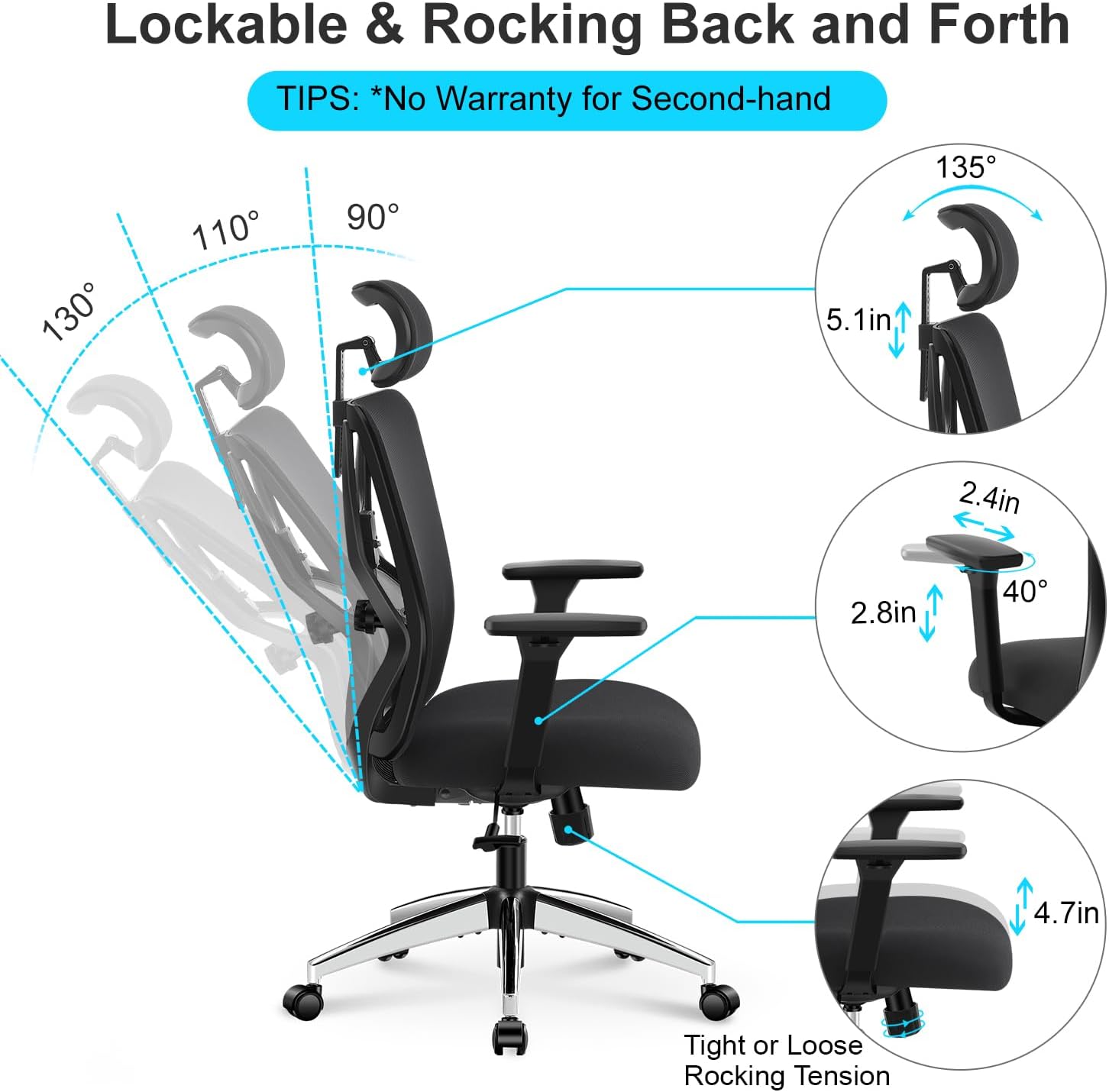 Ticova Ergonomic Office Chair - High Back Desk Chair with Adjustable Lumbar Support, Headrest 3D Armrest - 130°Rocking Mesh Computer Chair Ticova Ergonomic Office Chair - High Back Desk Chair with Adjustable Lumbar Support, Headrest 3D Armrest - 130°Rocking Mesh Computer Chair