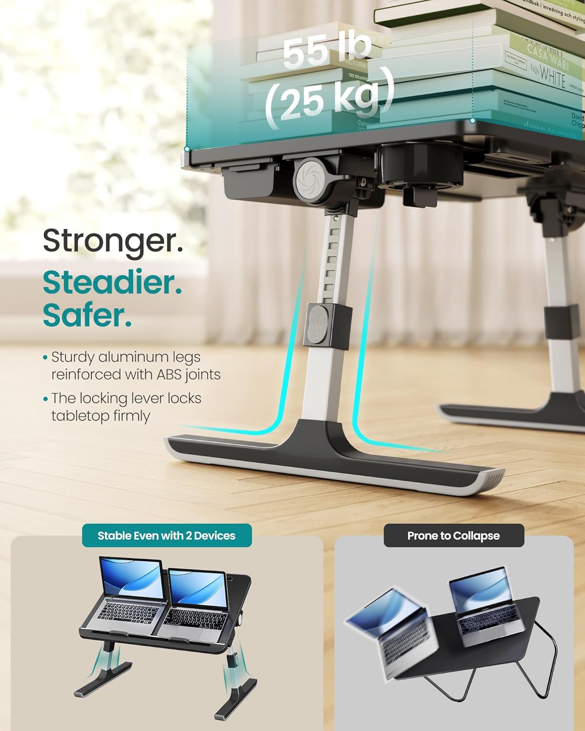 SONGMICS Bed Laptop Desk, Foldable Bed Desk for Laptop, 15.7 x 22 Inches Large Desktop, 120° Stepless Tilt, Adjustable Height, Cup Holder, Tray, Portable Bed Sofa Table, Ink Black ULLD113BC01