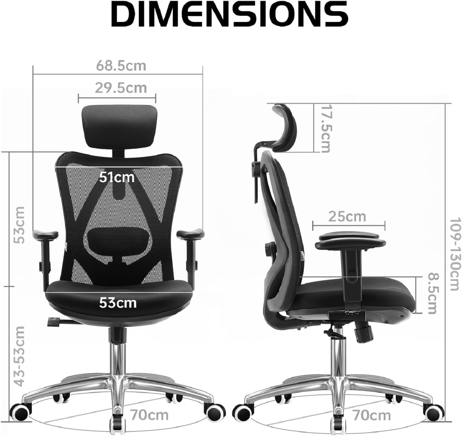 Medidas detalladas de la silla Sihoo M18: asiento de 53 cm de ancho, altura ajustable entre 43 y 53 cm y base estable de 70 cm
