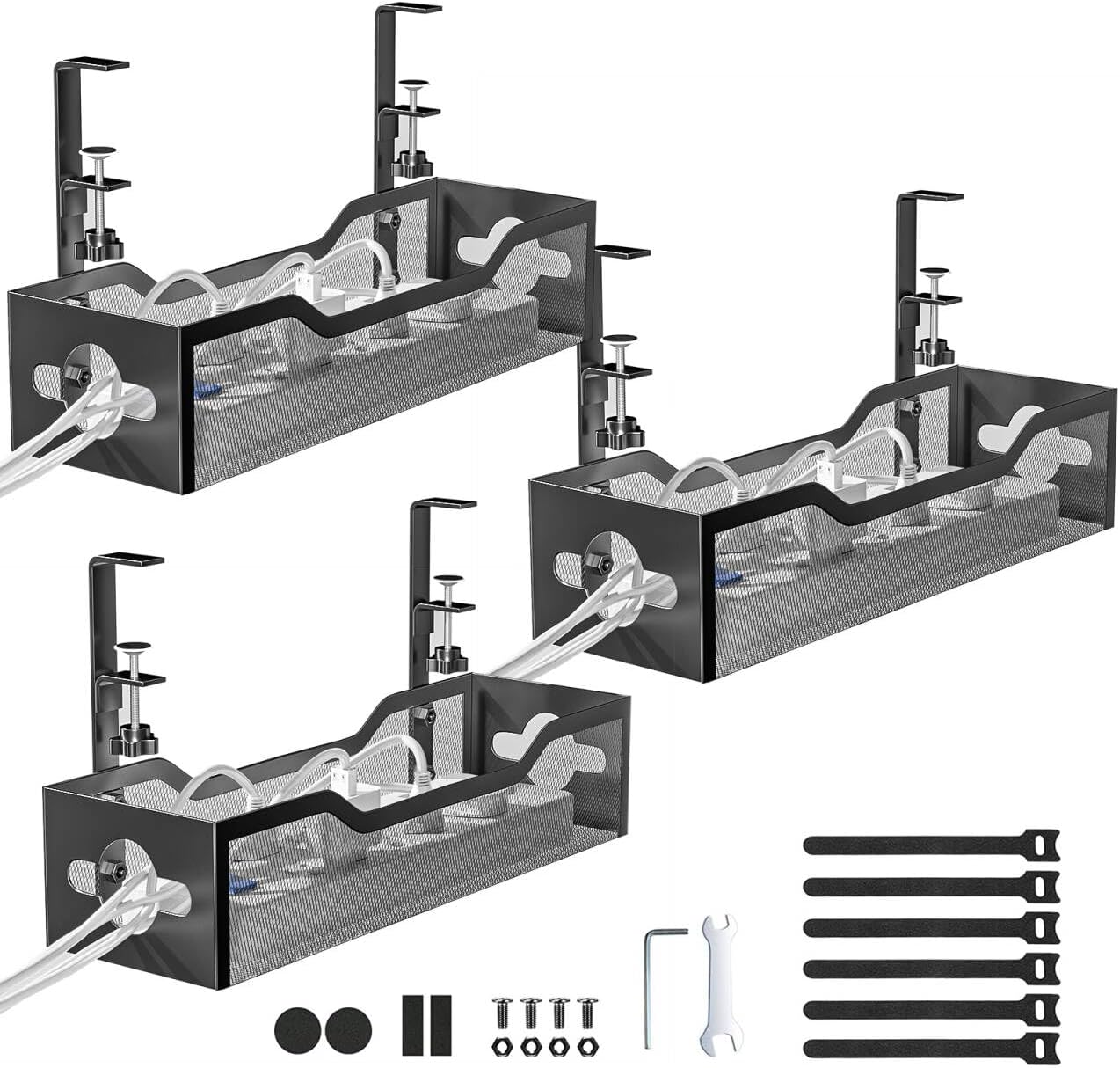Under Desk Cable Management Tray No Drill, Metal Mesh Cable Management Under Desk with Clamp Mount, 2 Hole Cable Tray with Wire Management and Cord Organizer for Home Office Standing Desk
