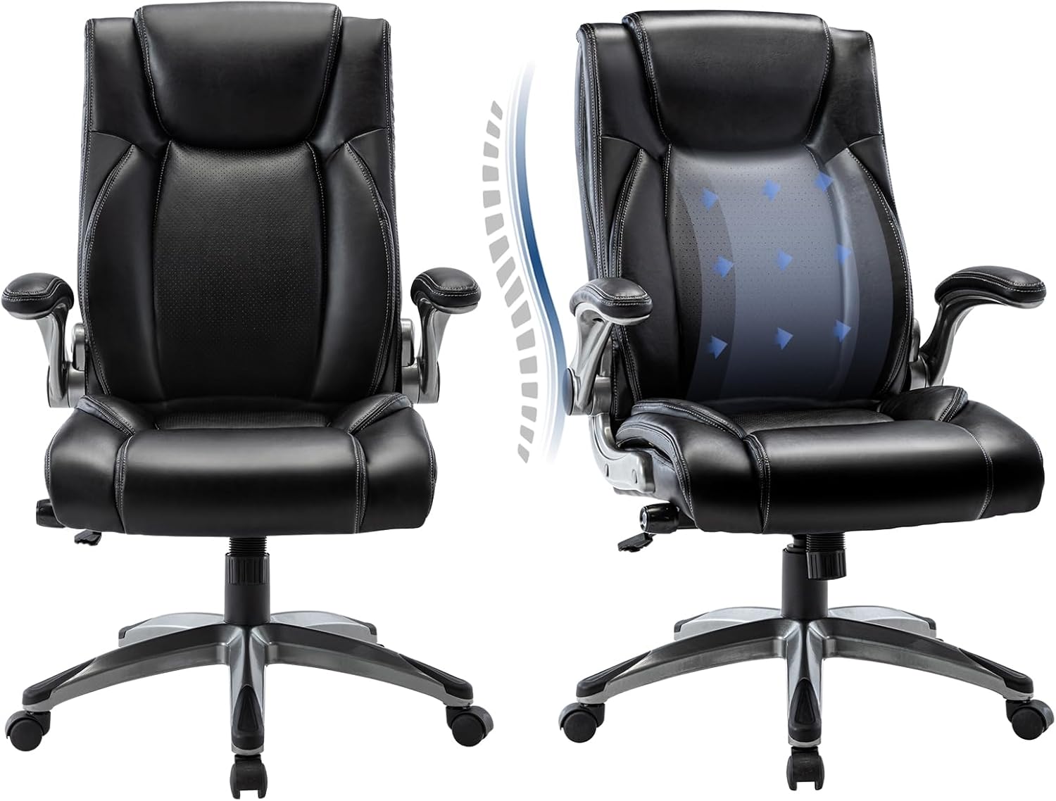 COLAMY High Back Executive Office Chair - Padded Leather Ergonomic Computer Desk Chair with Inflatable Lumbar Support  Flip-Up Arms, Adjustable Tilt Lock Swivel Task Chair for Home Office, Black