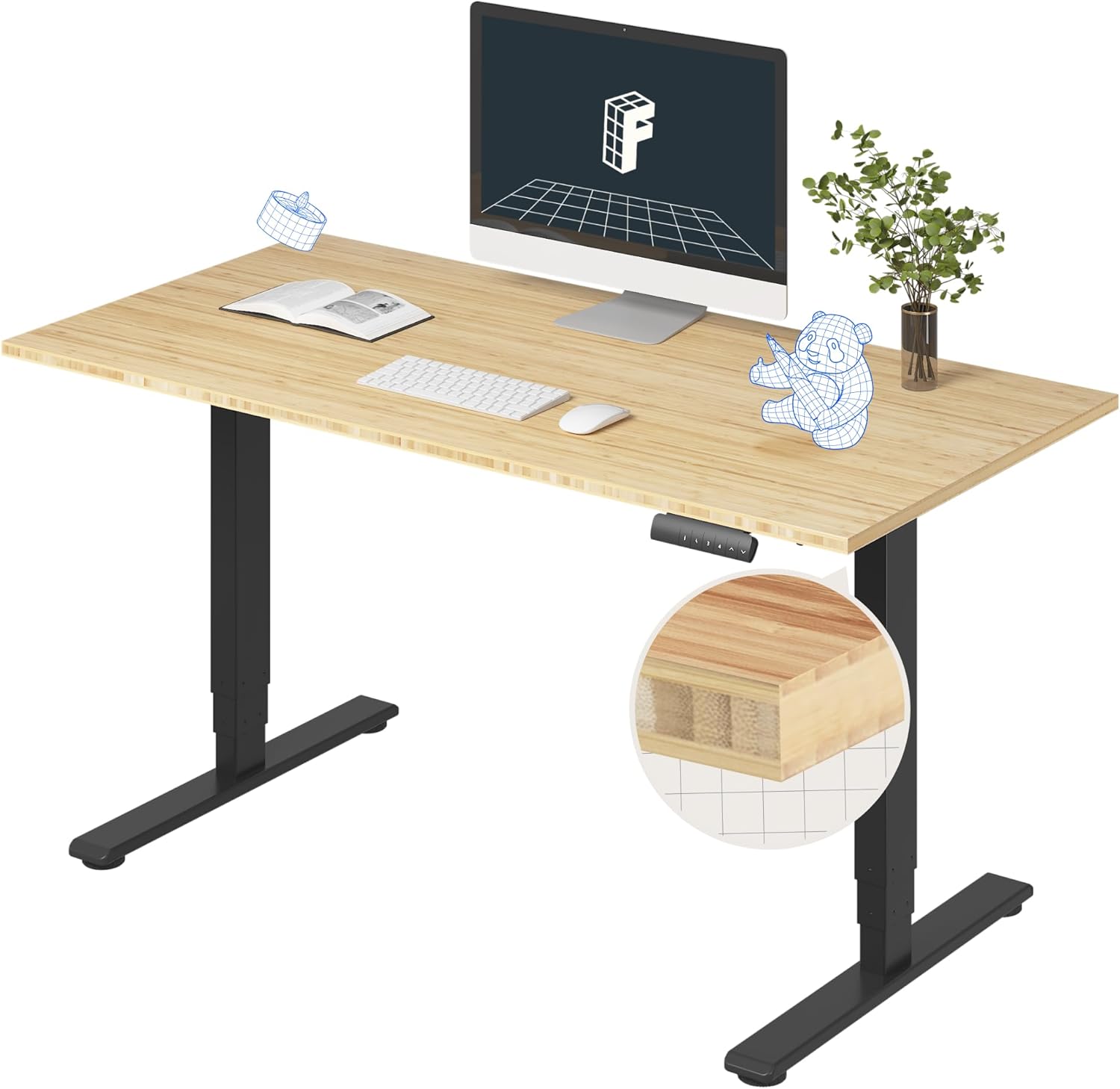 FlexiSpot E6 Bamboo 3-Stage Dual Motor Electric Standing Desk 55 x 28 Sit Stand Up Desk, Holds 220 lbs, Adjustable Height w/ Memory Presets, Solid Bamboo Desktop  White Frame, Ships in 2 Boxes