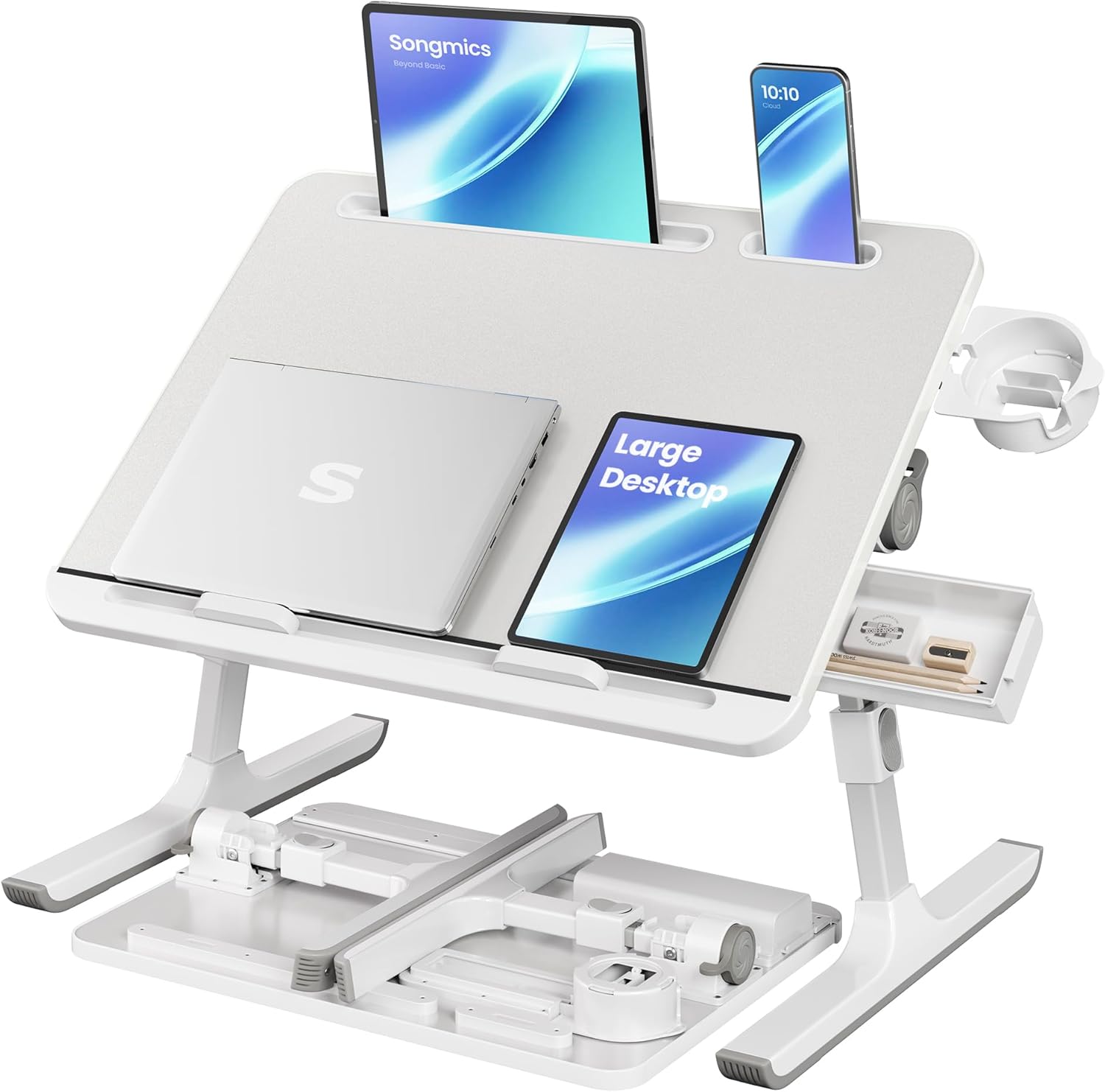 SONGMICS Bed Laptop Desk, Foldable Bed Desk for Laptop, 15.7 x 22 Inches Large Desktop, 120° Stepless Tilt, Adjustable Height, Cup Holder, Tray, Portable Bed Sofa Table, Ink Black ULLD113BC01