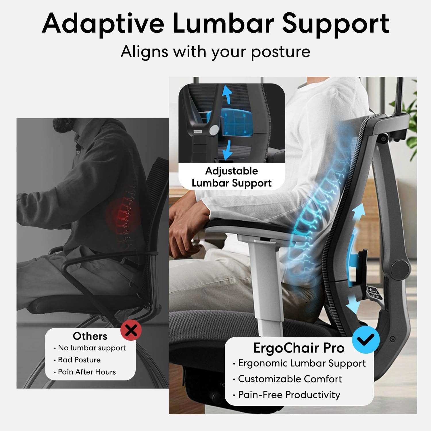 AUTONOMOUS ErgoChair Pro Black Foam Ergonomic Office Chair For Back Pain Relief Adjustable Lumbar Support, Headrest, Big And Tall Home Office Desk Chair Comfy 300 LBS with Swivel Wheels For Long Hours