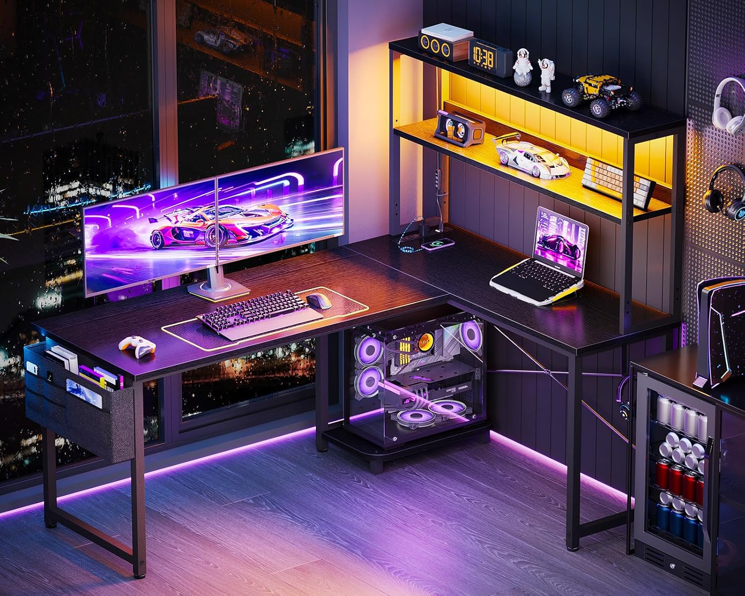 ODK 53 Inch L Shaped Gaming Desk with LED Lighting, Reversible Desk with Power Outlets, Cornor Computer Table with Storage Shelves  Bag  Iron Hook, Home Office Table for Writing, Study, Black