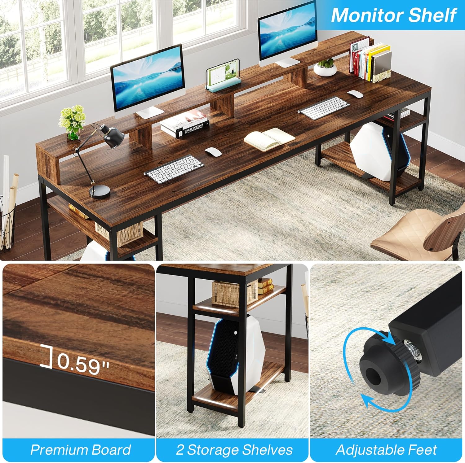 Tribesigns Two Person Desk with Monitor Stand, 78.74 Long Double Computer Office Desk with Storage Shelves, Large Gaming Study Writing Table Workstation for Home Office (Rustic Brown) Tribesigns Two Person Desk with Monitor Stand, 78.74 Long Double Computer Office Desk with Storage Shelves, Large Gaming Study Writing Table Workstation for Home Office (Rustic Brown)