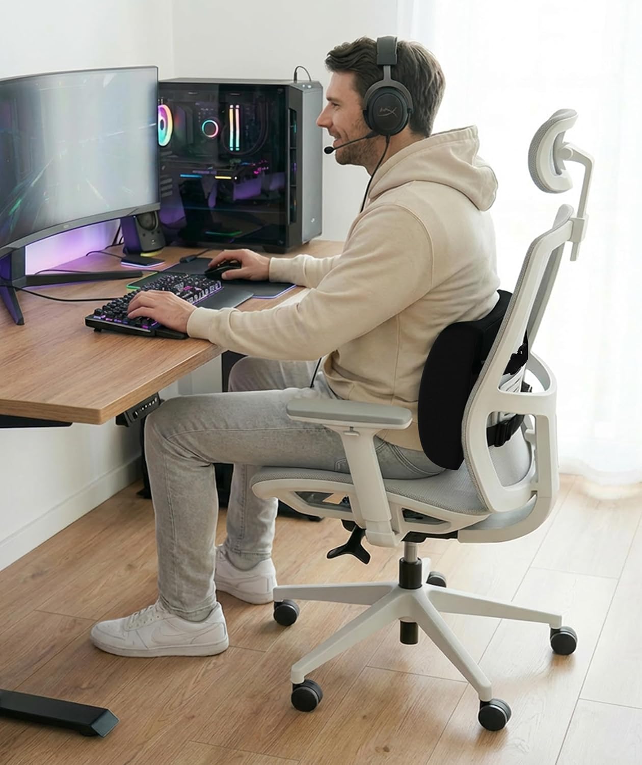 Everlasting Comfort Lumbar Support Pillow for Office Chair - Memory Foam Back Cushion for Car Seat - Promotes Better Posture, Back Pain Relief - Ideal Gaming and Desk Chairs Work and Home Essentials