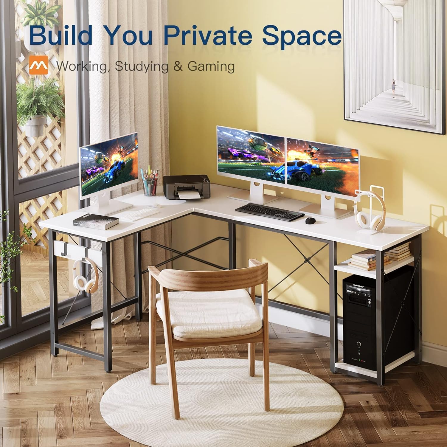 Coleshome L Shaped Computer Desk 59 with Storage Shelves, Corner Gaming Desk, Sturdy Writing Workstation, Modern Wooden Office Wood  Metal, White
