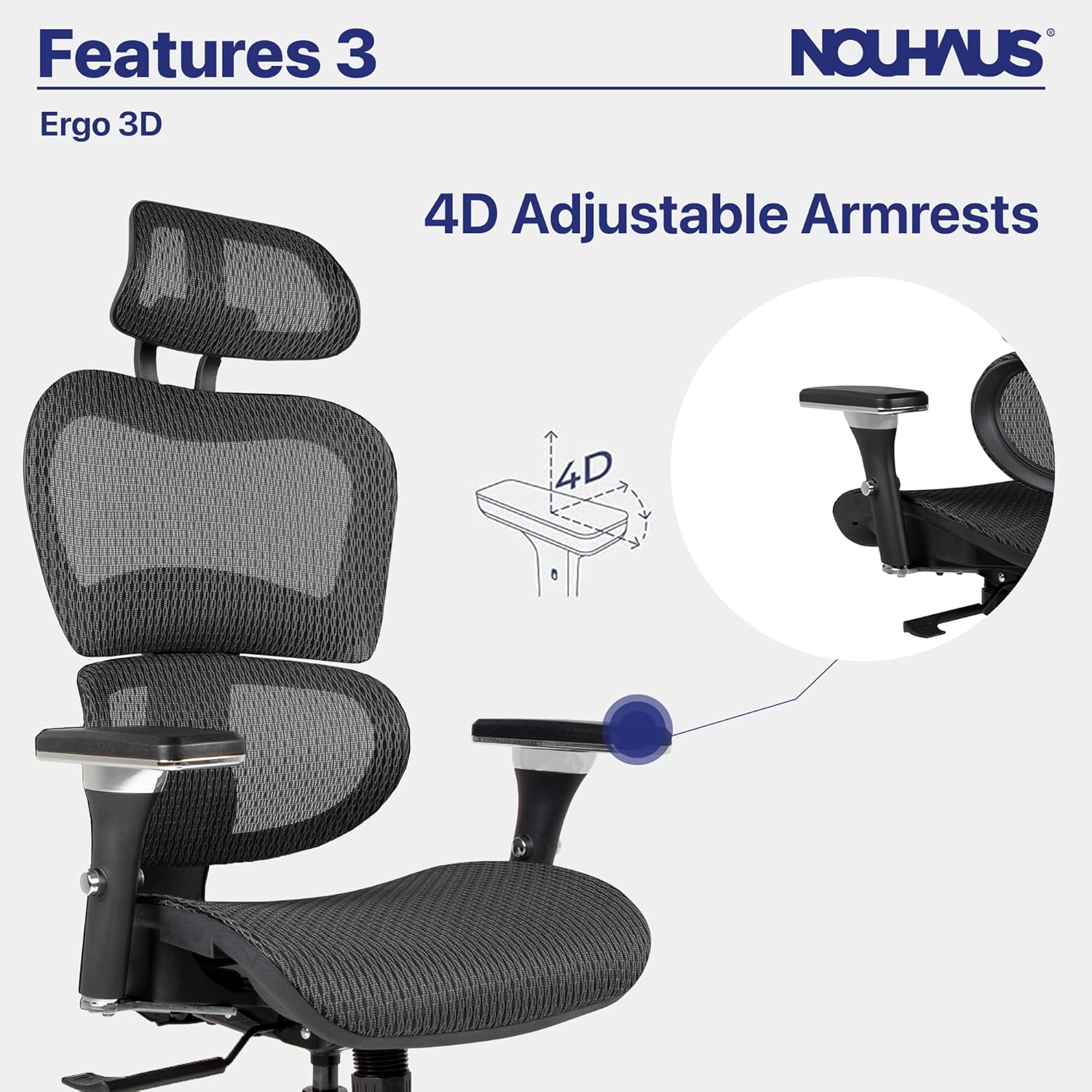Nouhaus Ergo3D Ergonomic Office Chair Lumbar Support Mesh Office Chair with 4D Adjustable Armrest, Adjustable Headrest and Wheels, Mesh High Back Home Office Desk Chairs(Black)