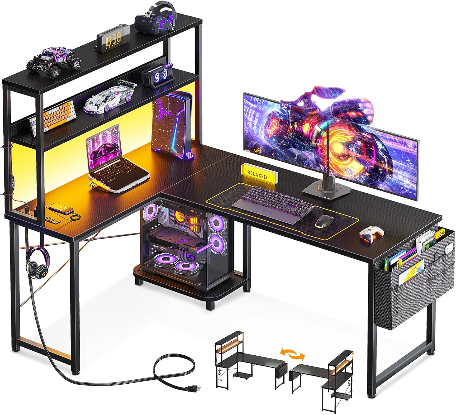 ODK 53 Inch L Shaped Gaming Desk with LED Lighting, Reversible Desk with Power Outlets, Cornor Computer Table with Storage Shelves  Bag  Iron Hook, Home Office Table for Writing, Study, Black