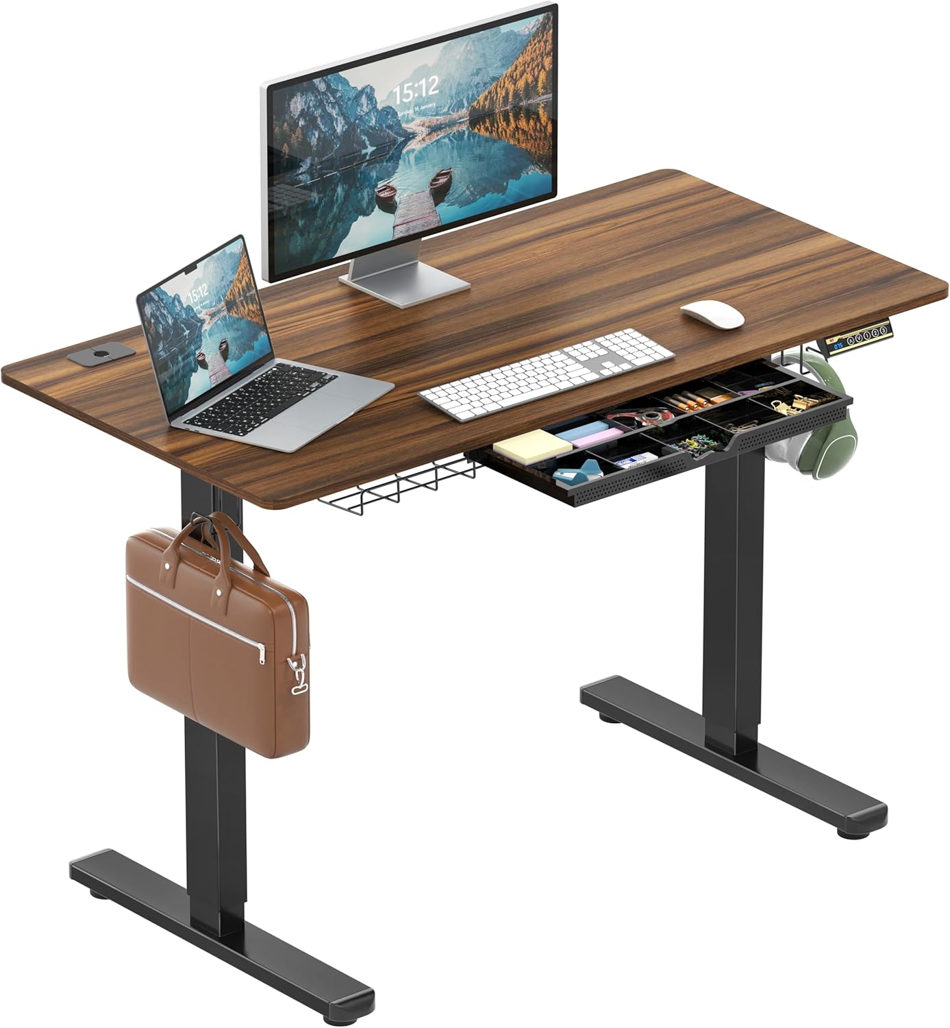 SHW 48-Inch Electric Height Adjustable Standing Desk with Drawer, Memory Preset and Cable Management Tray, Rustic Brown