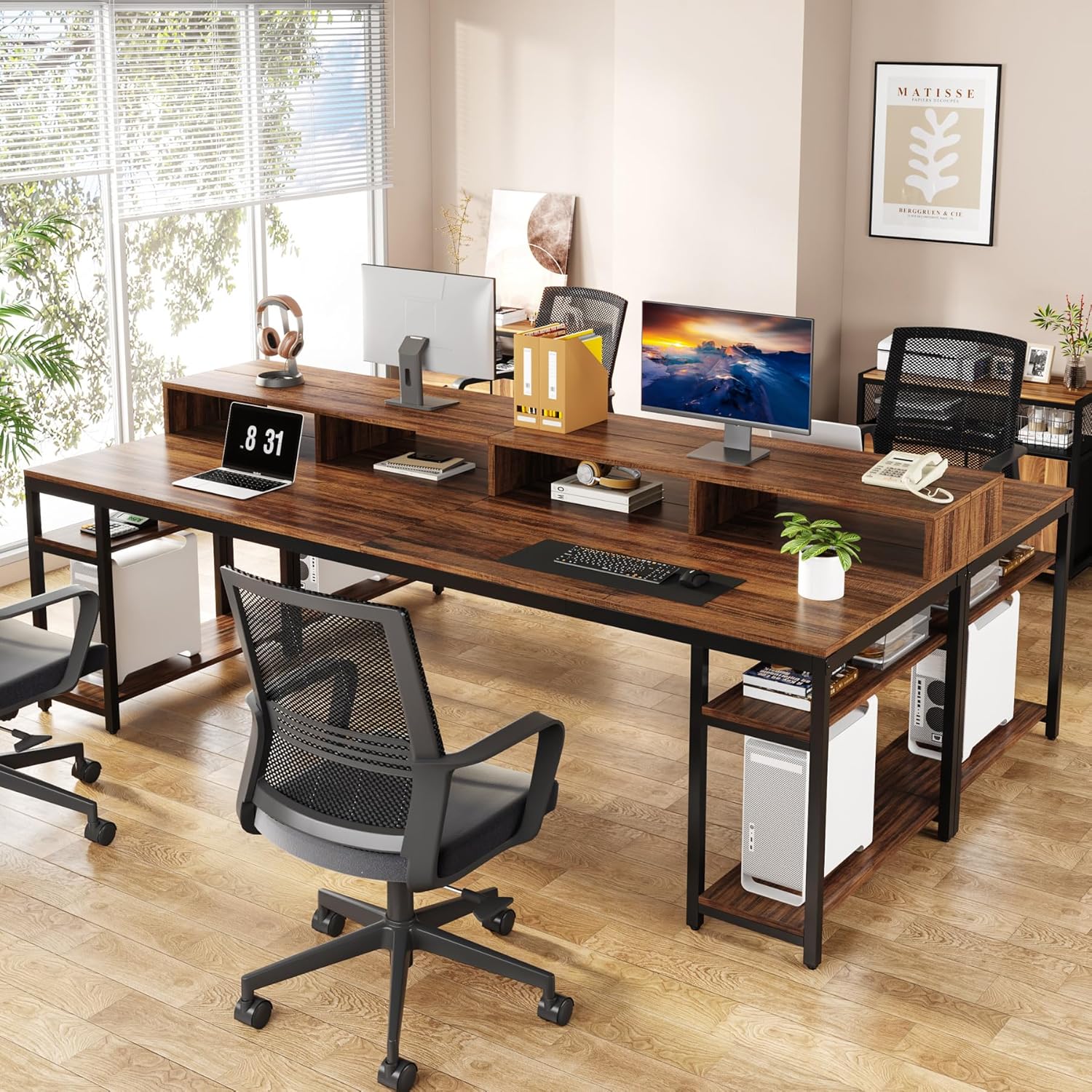Tribesigns Two Person Desk with Monitor Stand, 78.74 Long Double Computer Office Desk with Storage Shelves, Large Gaming Study Writing Table Workstation for Home Office (Rustic Brown) Tribesigns Two Person Desk with Monitor Stand, 78.74 Long Double Computer Office Desk with Storage Shelves, Large Gaming Study Writing Table Workstation for Home Office (Rustic Brown)