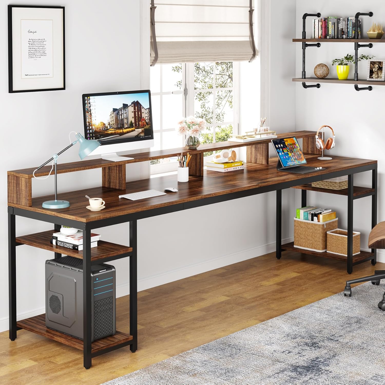 Tribesigns Two Person Desk with Monitor Stand, 78.74 Long Double Computer Office Desk with Storage Shelves, Large Gaming Study Writing Table Workstation for Home Office (Rustic Brown) Tribesigns Two Person Desk with Monitor Stand, 78.74 Long Double Computer Office Desk with Storage Shelves, Large Gaming Study Writing Table Workstation for Home Office (Rustic Brown)