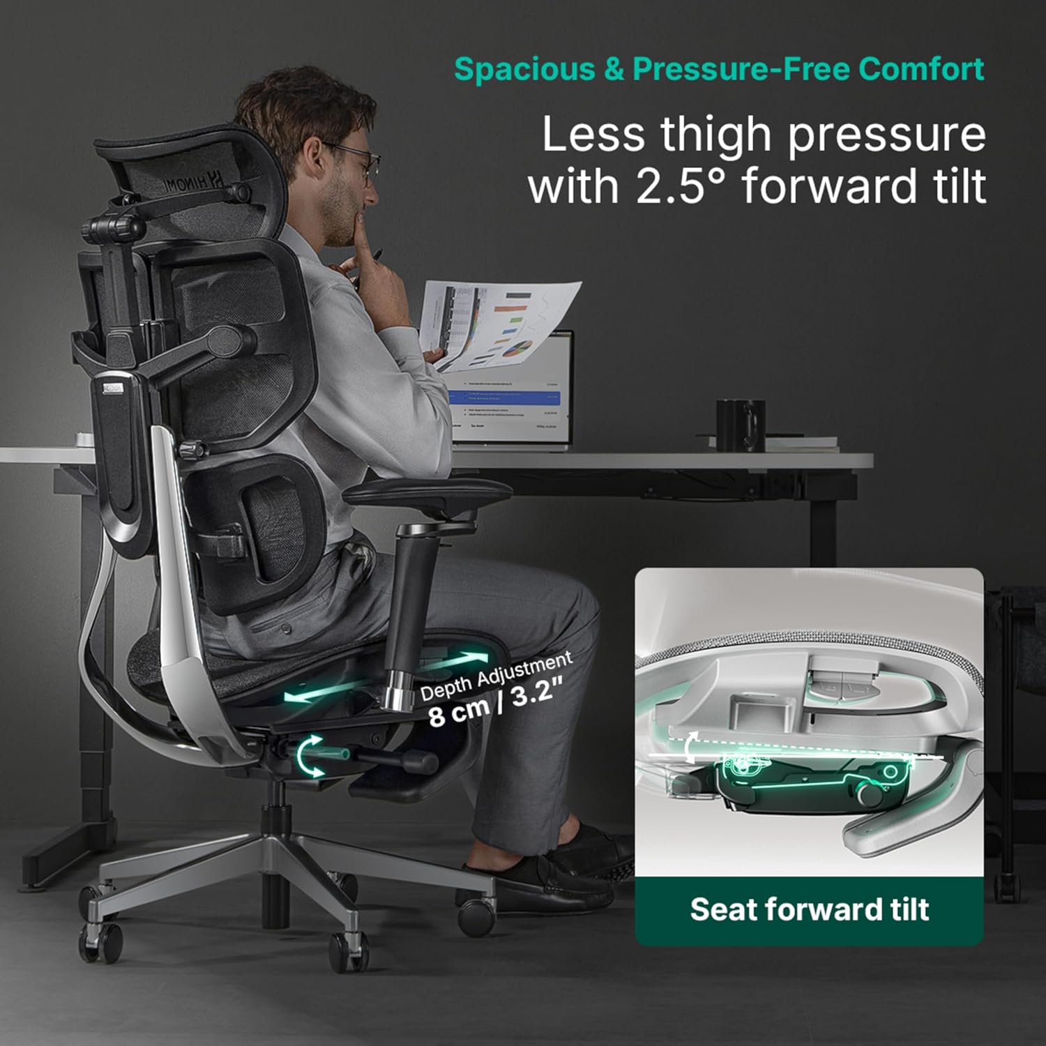 HINOMI X2 Pro Premium Ergonomic Office Chair – Comfortable Mesh Computer Chair with Adjustable Lumbar Support, Reclining Swivel Desk Chair, Retractable Legrest  Headrest for Home Office (Gray)