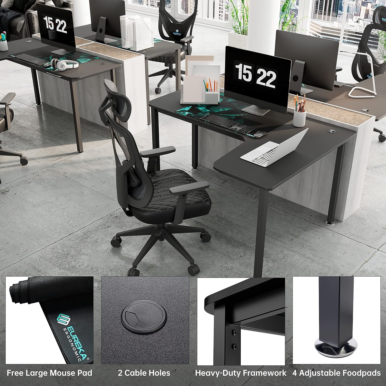 EUREKA ERGONOMIC 60 Inch Black Corner L Shaped Computer Desk, Home Office Gaming Study Work Writing Table Long Large Sturdy Workstation Simple Modern with Metal Legs, Right Side