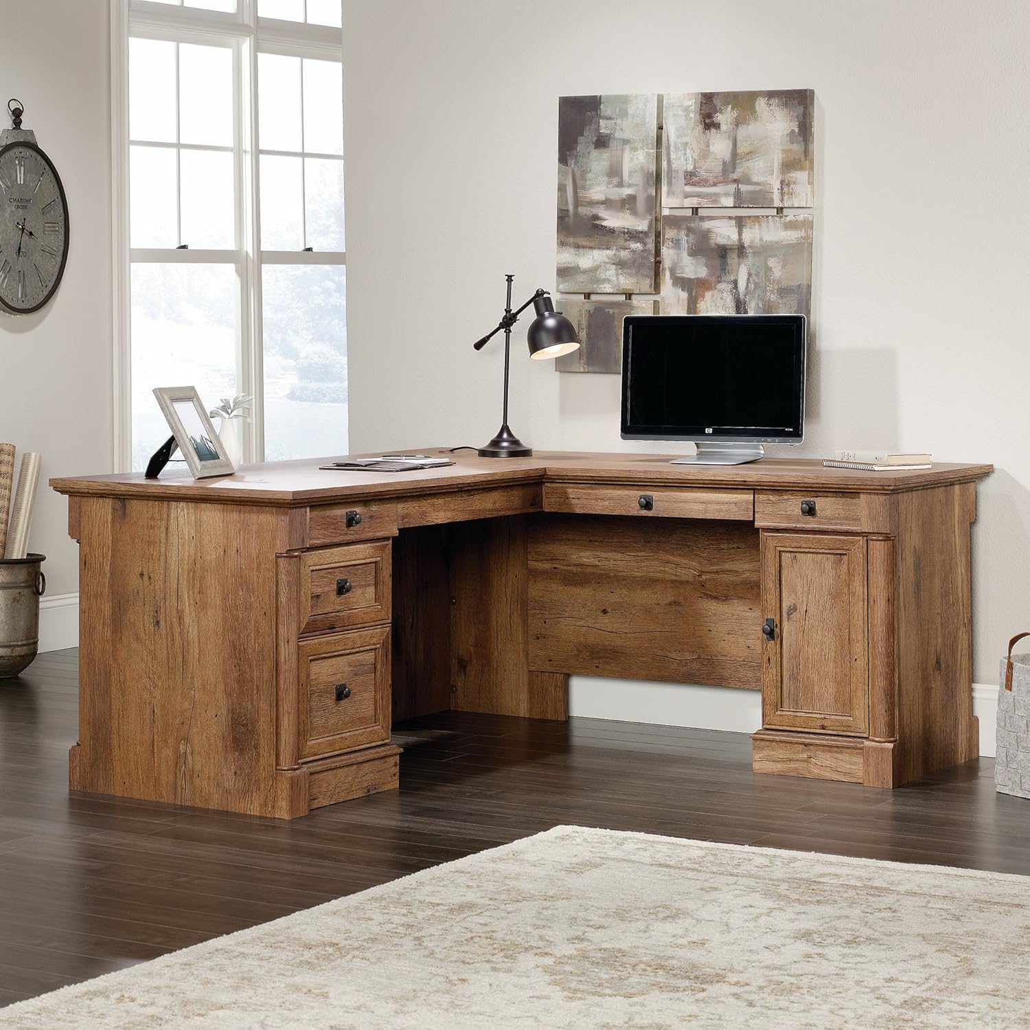 Sauder Palladia L Shaped Desk with Drawers, Office Desk with File Cabinet Storage, Cable Management, Keyboard Tray, in Vintage Oak Finish
