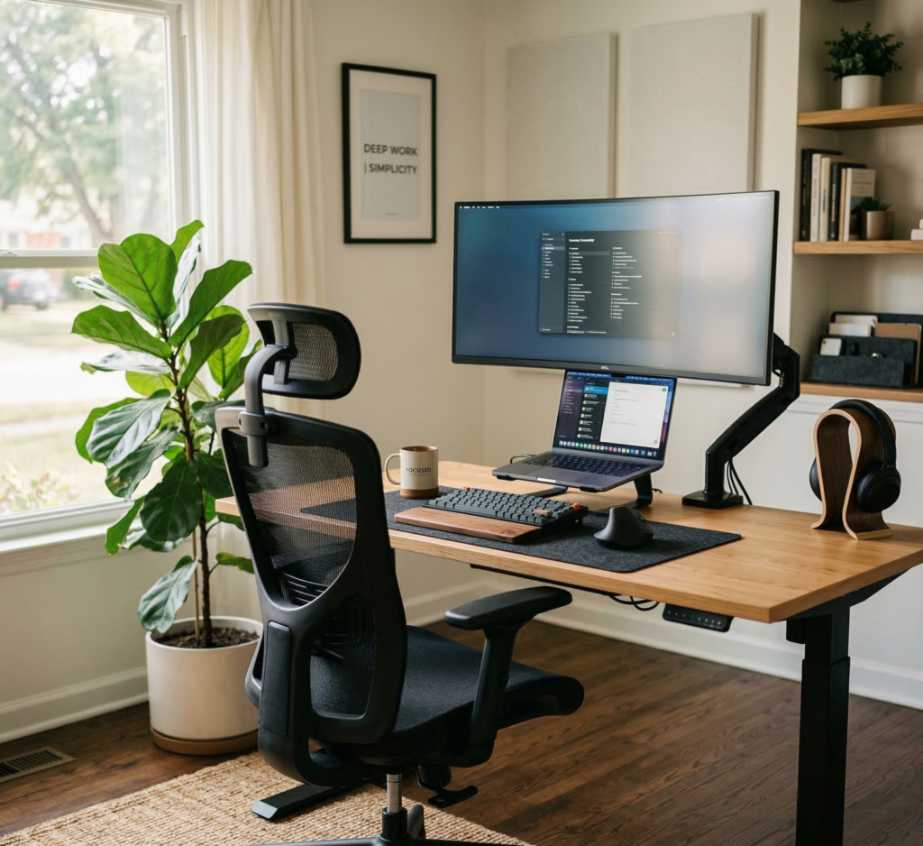 Setup de oficina en casa profesional con silla ergonómica tipo Sihoo, escritorio de trabajo, brazo para monitor y accesorios ergonómicos para mejorar la postura.