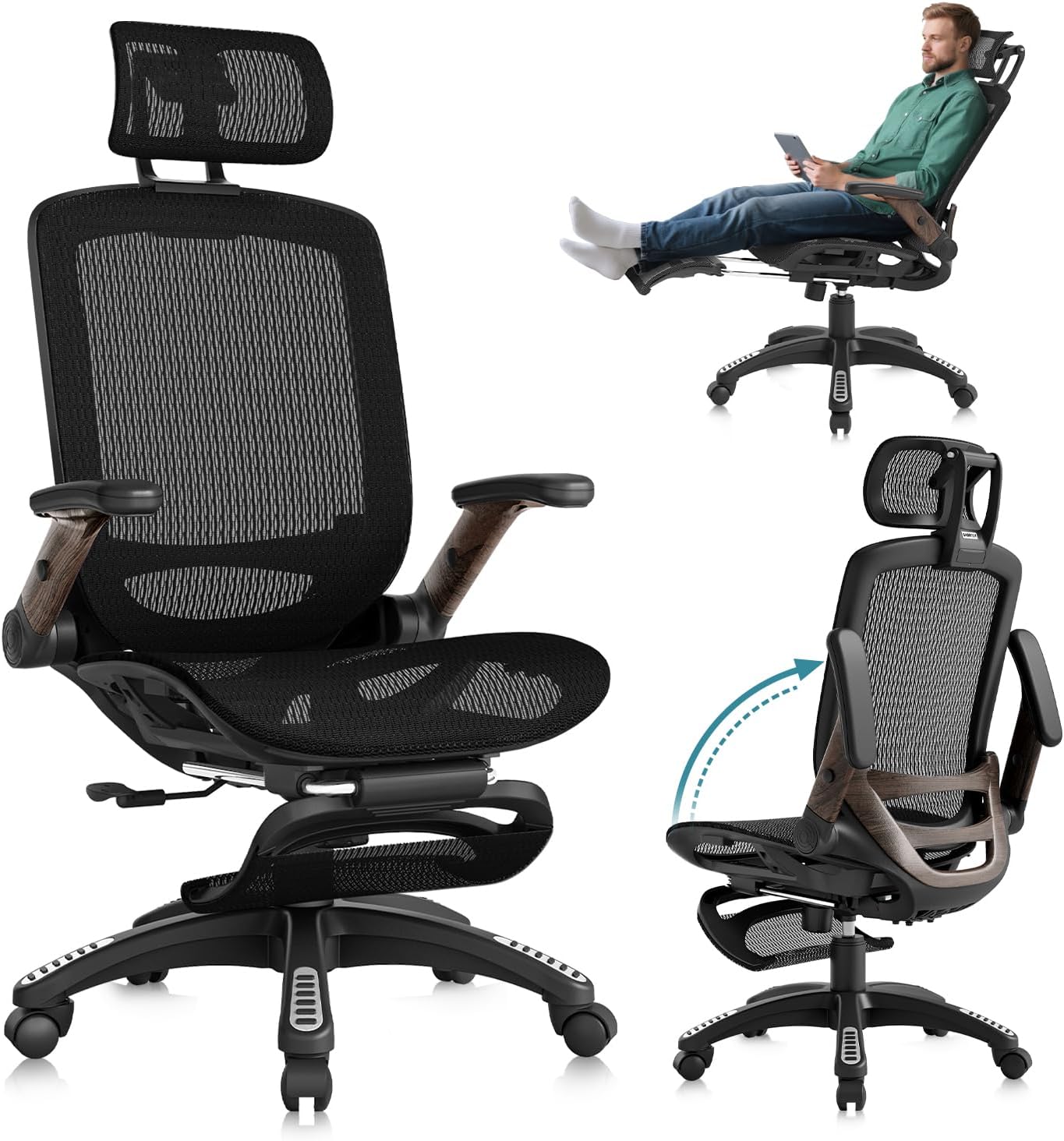 GABRYLLY Ergonomic Office Chair with Footrest, 135° Reclining Desk Chair with Adjustable Lumbar Support,3D Armrest,Headrest  Large Steel Base, 300LBS Heavy Duty Mesh Chair