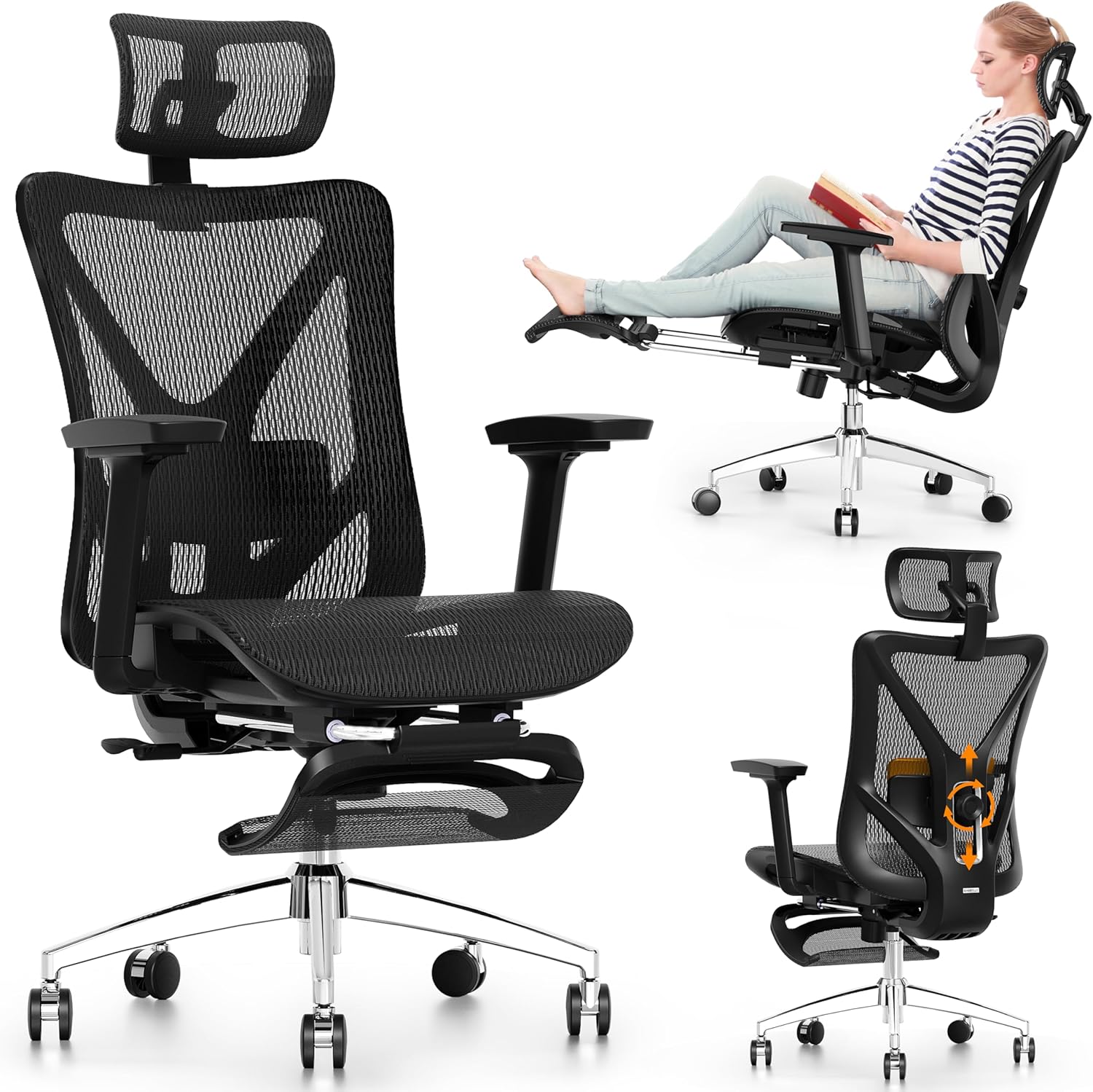 GABRYLLY Ergonomic Office Chair with Footrest, 135° Reclining Desk Chair with Adjustable Lumbar Support,3D Armrest,Headrest  Large Steel Base, 300LBS Heavy Duty Mesh Chair