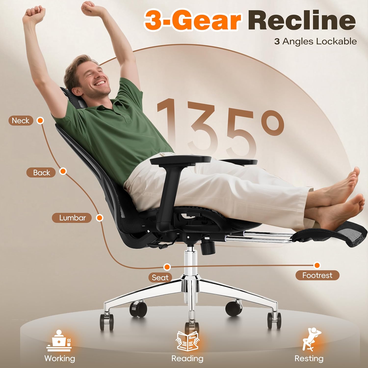 GABRYLLY Ergonomic Office Chair with Footrest, 135° Reclining Desk Chair with Adjustable Lumbar Support,3D Armrest,Headrest  Large Steel Base, 300LBS Heavy Duty Mesh Chair