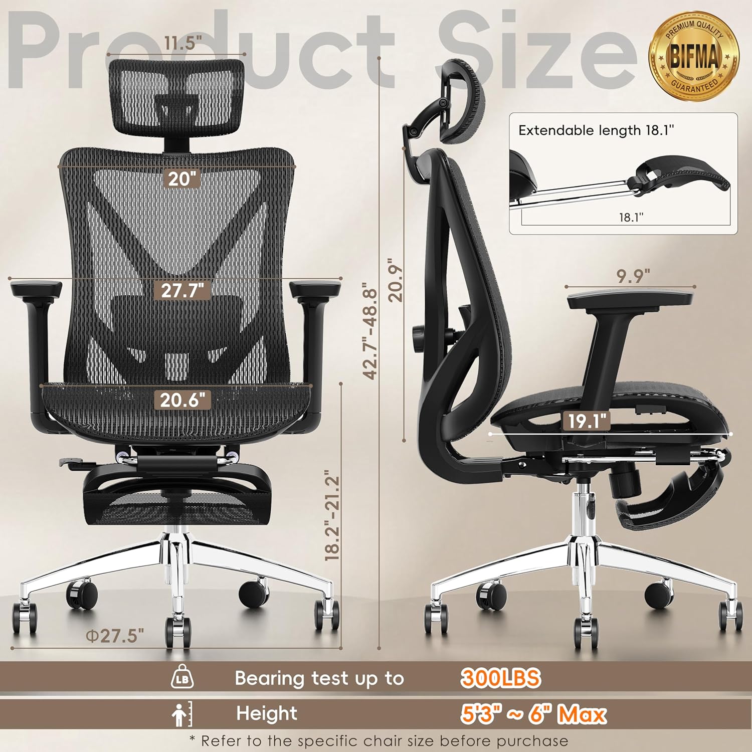 GABRYLLY Ergonomic Office Chair with Footrest, 135° Reclining Desk Chair with Adjustable Lumbar Support,3D Armrest,Headrest  Large Steel Base, 300LBS Heavy Duty Mesh Chair